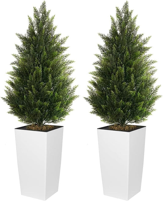 4FT Tall 2 Set Artificial Topiary Cedar Tree, Indoor Realistic Faux Cypress Plants with Square Flowerpot, Outdoor Evergreen Fake Shrubs for Home Living Room Front Porch Decor