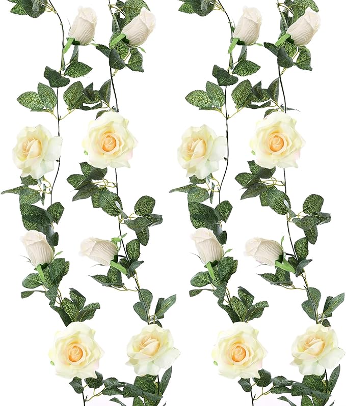 Felice Arts 2 Pack Champagne Rose Garland Each 6.5FT Fake Rose Vine Hanging Floral Garland for Wedding Table Arrangement DIY Flower Wreath Decor