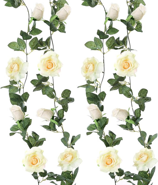 Felice Arts 2 Pack Champagne Rose Garland Each 6.5FT Fake Rose Vine Hanging Floral Garland for Wedding Table Arrangement DIY Flower Wreath Decor