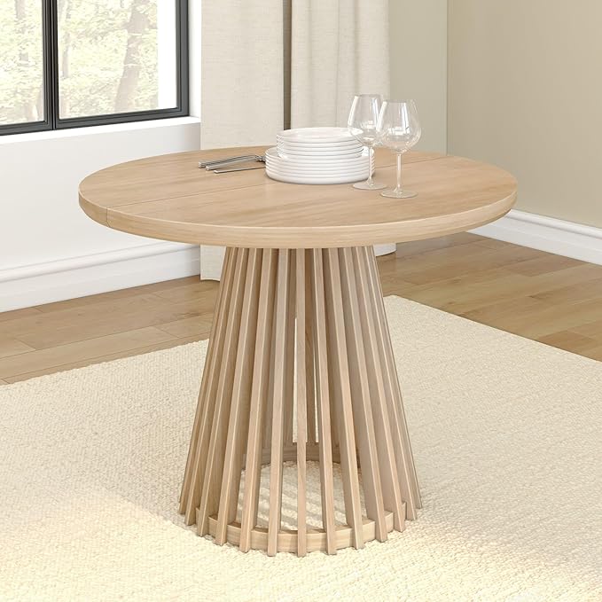 Plank+Beam Lido Round Dining Table, 38", Wooden, Pedestal, Minimalist Kitchen Table for 4 for Dining Room, Blonde