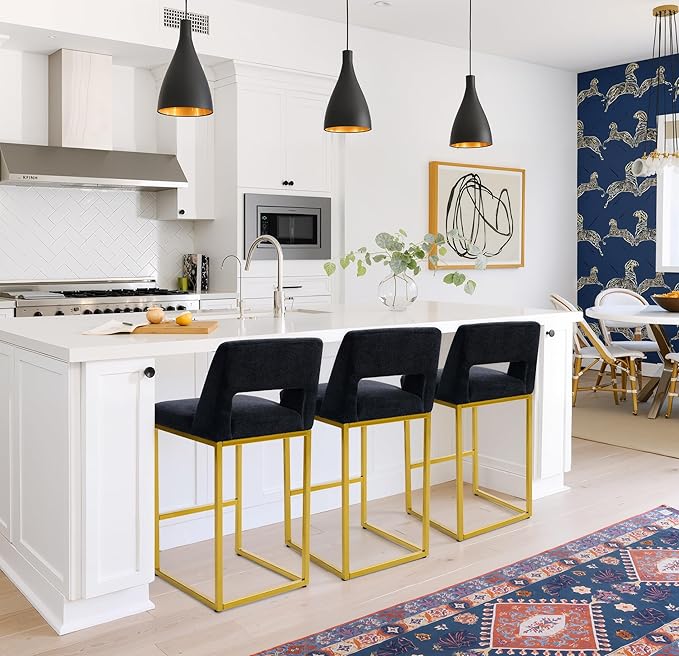 Black and Gold Counter Height Bar Stools Set of 4 for Kitchen Counter Modern Bar Chairs with Backs for Kitchen Island with Upholstered Fabric Seat and Metal Frame, 26 Inch