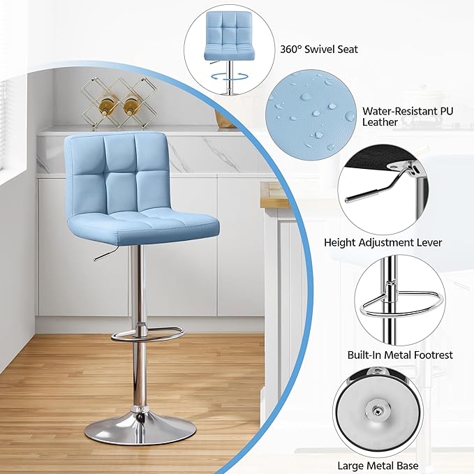 Yaheetech Bar Stools Set of 2, Adjustable PU Leather Swivel Barstools, Modern Counter Stools with Back and Footrest, Counter Height Barstools for Bar, Kitchen, Dining Room, Blue