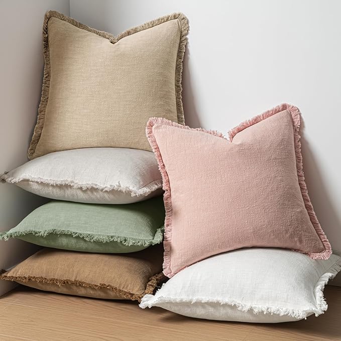 MIULEE Decorative Throw Pillow Covers Neutral Linen Fringe Throw Pillows Set of 2 Sage Green Boho Farmhouse Cushion Covers with Tassels for Couch Sofa Bed Living Room Spring Home Decor 20x20 Inch