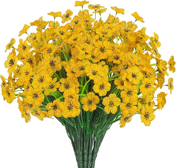 Outdoor Artificial Flowers 21 UV Resistant Bundles Fake Flower Plastic Plants Faux Silk Flowers Porch Hanging Garden Porch Window Box Decorating (Yellow)