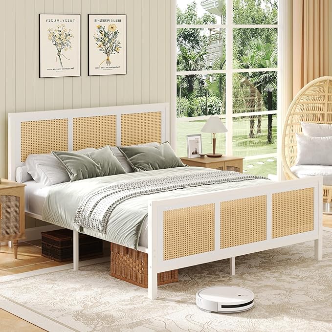 Rattan Bed Frame Queen, Boho Bed Frame with Headboard, Metal Platform Bed Frame Queen Size with Strong Slats Support, No Box Spring Needed, Noise Free, Easy Assembly, White