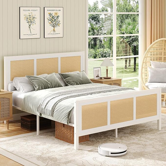 Rattan Bed Frame Queen, Boho Bed Frame with Headboard, Metal Platform Bed Frame Queen Size with Strong Slats Support, No Box Spring Needed, Noise Free, Easy Assembly, White