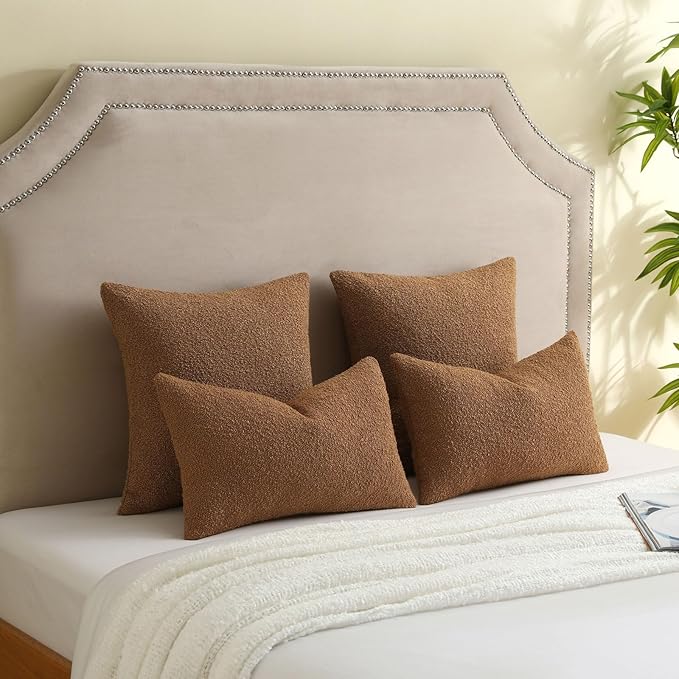 FUTEI Pack of 2 Tobacco Decorative Throw Pillow Covers 18x18 Inch Soft Cozy Solid Boucle Textured Cushion Case,Modern Home Decor for Couch Bed Living Room