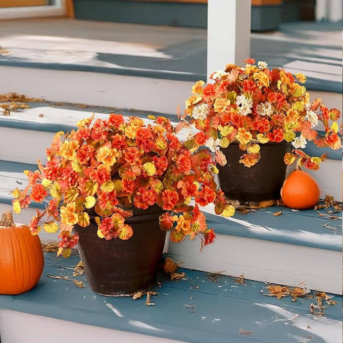 Artificial Fall Flowers for Outdoor Decor 2 Pcs UV Resistant Fake Flowers, Faux Fall Flowers for Outdoor Planters Autumn Silk Flowers for Porch Garden Patio Yard Halloween Decorations