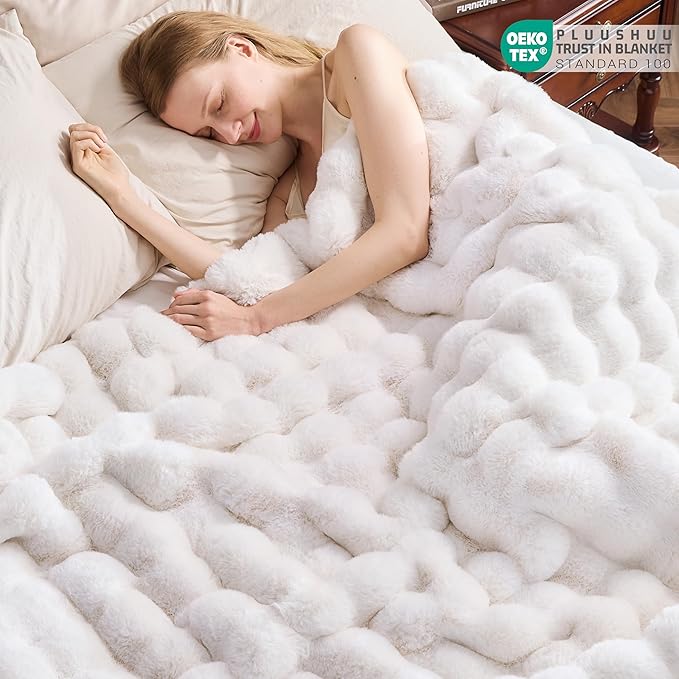 Faux Fur Throw Blanket for Couch, Fluffy Fuzzy Plush Bubble Blanket, Soft Warm Cozy Shaggy Rabbit Blanket, Luxury Decorative Gifts for Sofa Bedroom Living Room, 60x80inch (Beige)