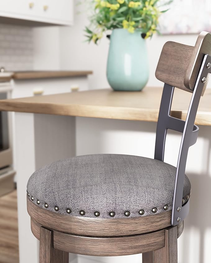 Signature Design by Ashley Caitbrook 30" Farmhouse Bar Height Upholstered Swivel Barstool, Gray