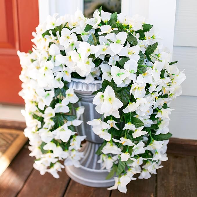 Bougainvillea Artificial Hanging Flowers Plants for Outdoors Decoration, 2pcs Fake Flowers Silk Bougainvillea Vines Realistic UV Resistant Faux Flowers for Outdoor Planters Patio Urn, White