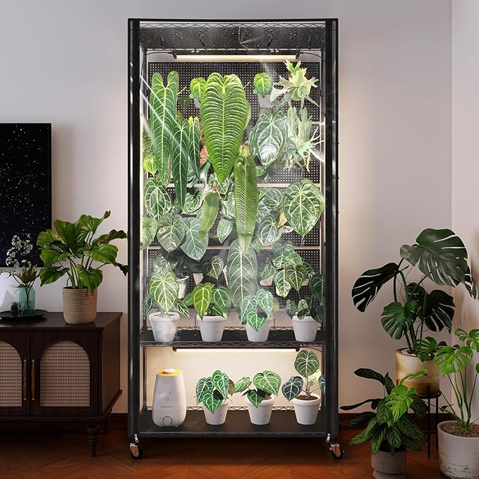 Bstrip Indoor Greenhouse with Grow Light & 4 Pegboard, Mini Green House with Adjustable Rack and Wheels, 4 x 24W Full Spectrum Grow Light Strip for Foliage Plants, Seedling, 35.4"x13.8"x71"