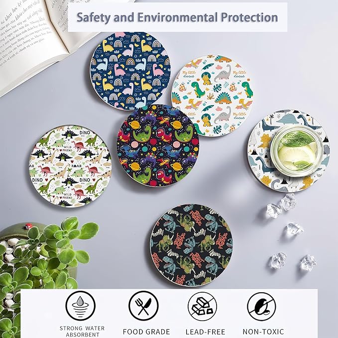 Drink Coasters Set of 6 with Holder, Dinosaur Absorbent Ceramic Drink Coaster for Tabletop Protection,Suitable for Kinds of Cups,Drinks Coasters for Home Office Decoration(4 Inches)
