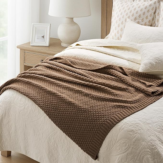 EVERGRACEHOME Chunky Chenille Knit Throw Blanket for Couch, Soft Luxurious Moss Stitch Blankets for Bed, Cozy Decorative Farmhouse Knitted Throws for Sofa, Camel Brown, 60" x 80"