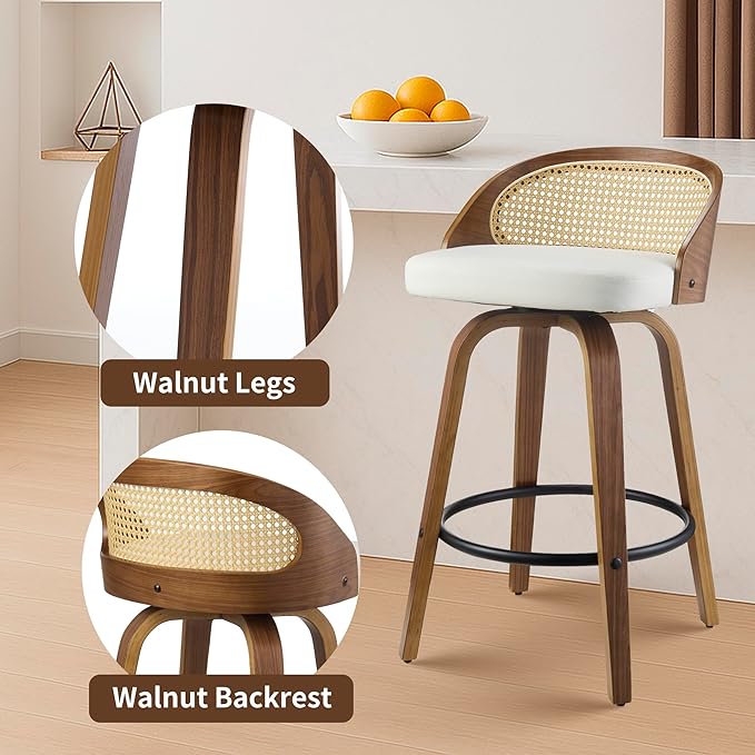 26 inch Swivel Bar Stools with Back, Set of 2 Mid-Century Modern Walnut Barstools, White PU Leather Bar Chairs with Footrest for Kitchen Island, Dining Room, Home Bar