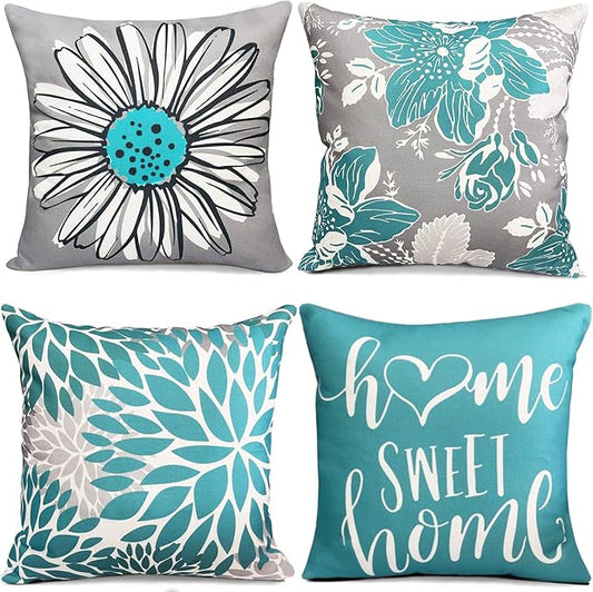 Decorative Throw Pillow Covers Set of 4 Teal Pillow Covers 22x22 inch Throw Pillow Cases Linen Square Pillow Case,Farmhouse Outdoor Modern Boho Pillow Covers for Couch Sofa Living Room