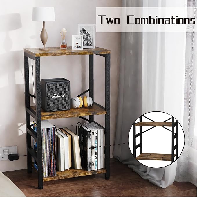 End Table with LED Light,Record Player Stand with Albums Storage,Vinyl Records Storage,Turntable Stand Side Table for Music Room Studio Living Room Bedroom-Retro