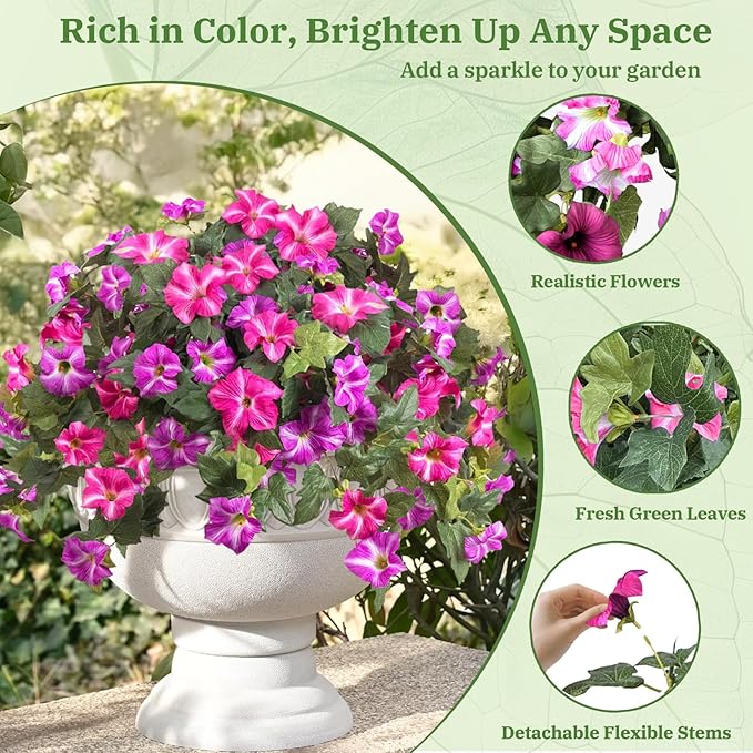 4PCS Artificial Fake Flowers Plants for Spring Summer Decoration,No Fade Faux Petunias,UV Resistant Realistic Silk Flowers,for Home Garden Balcony Yard Porch Deco (Fuchsia)