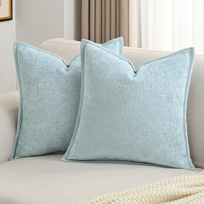 FUTEI Light Blue Chenille Throw Pillow Covers 22x22 Inch Set of 2,Soft Cozy Bound Edge Design Cushion Case,Home Decor for Couch Bed Living Room