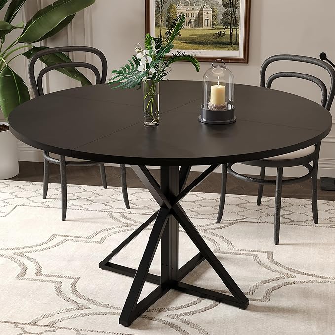 GarveeHome 47 inch Round Dining Table for 4, Black, Farmhouse Wood Circle Pedestal Kitchen Table, Circle Dinner Table for Kitchen & Dining Room