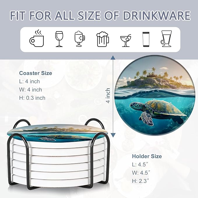 Table Coaster for Drinks Set of 6, Sea Turtles Round Ceramic Coasters,with Cork Base and Metal Holder,Great Housewarming Birthday Gifts,Home Decor