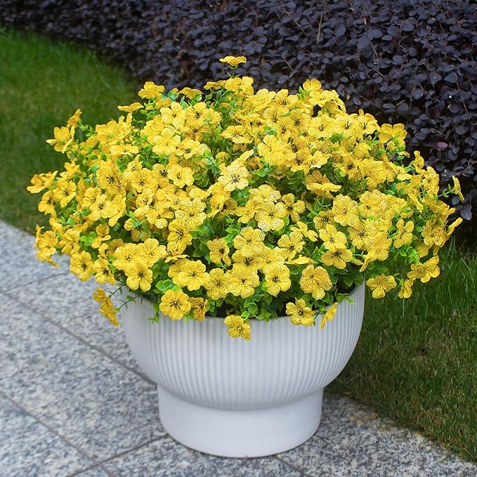 Yellow Artificial Outdoor Flowers 12 Bundles Fake Daisy Faux Mums Fall Plants Cheerful Weatherproof Floral Arrangements Decoration for Outside Landscaping Decor (Yellow Daisy)