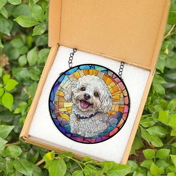 Custom Pet Portrait Stained Glass Suncatcher – Personalized Dog Memorial Ornament, Pet Loss Remembrance Gift, Window Hanging, Bereavement Keepsake, Home Decor