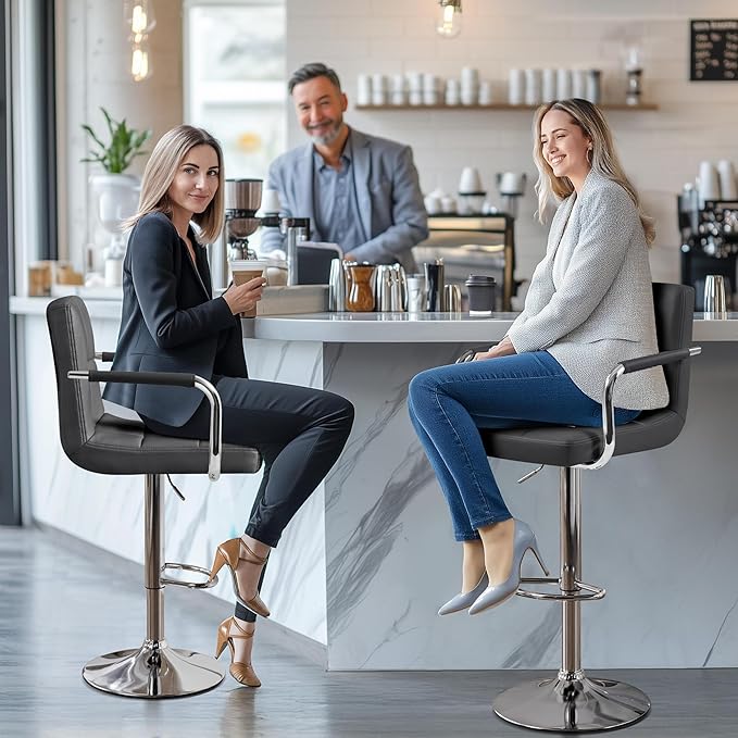 Yaheetech Bar Stools Set of 4, PU Leather Adjustable Barstools with Armrest, Counter Height Stool Chairs with Thickened Seat Cushion for Kitchen Island, Grey