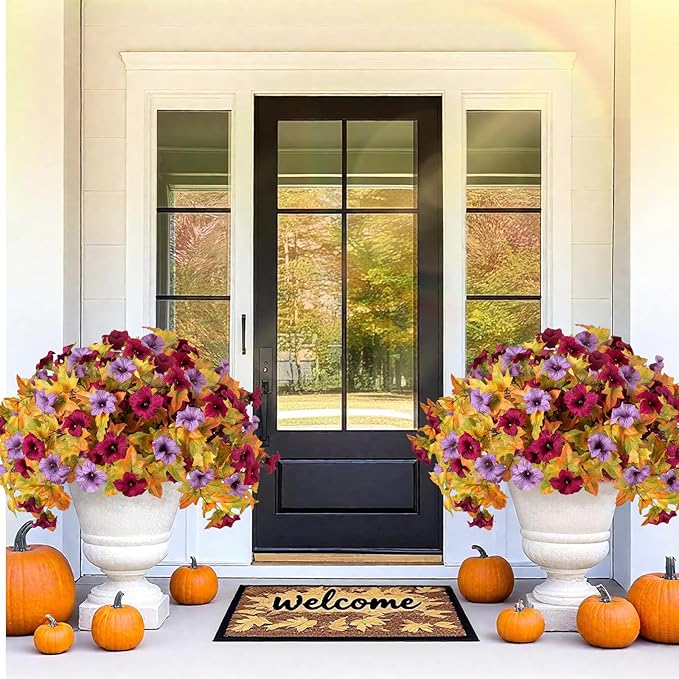 4 Pcs Artificial Fall Fake Flowers Plants for Outdoor Decoration,No Fade Faux Petunias,UV Resistant Realistic Autumn Silk Flowers,for Home Garden Balcony Yard Porch Deco (Burgundy Purple)