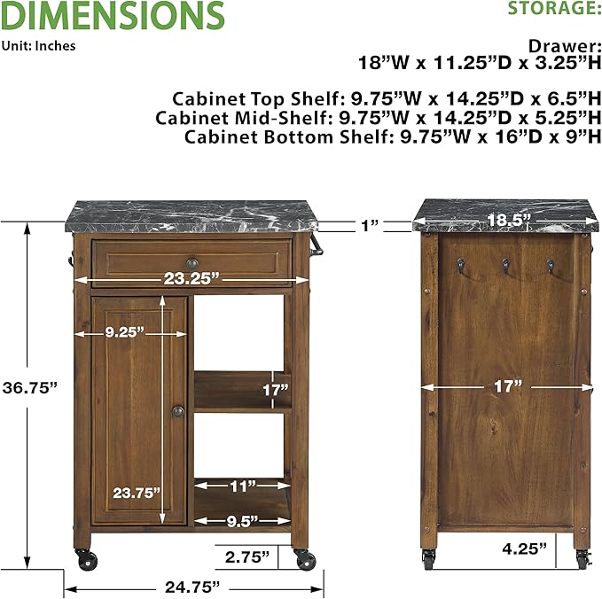 OSP Home Furnishings Fairmont Modern Farmhouse Kitchen Cart, Rolling Storage Cabinet with Drawer, Shelves, Hooks, Towel Bar, Oak Wood Finish with Faux Marble Top