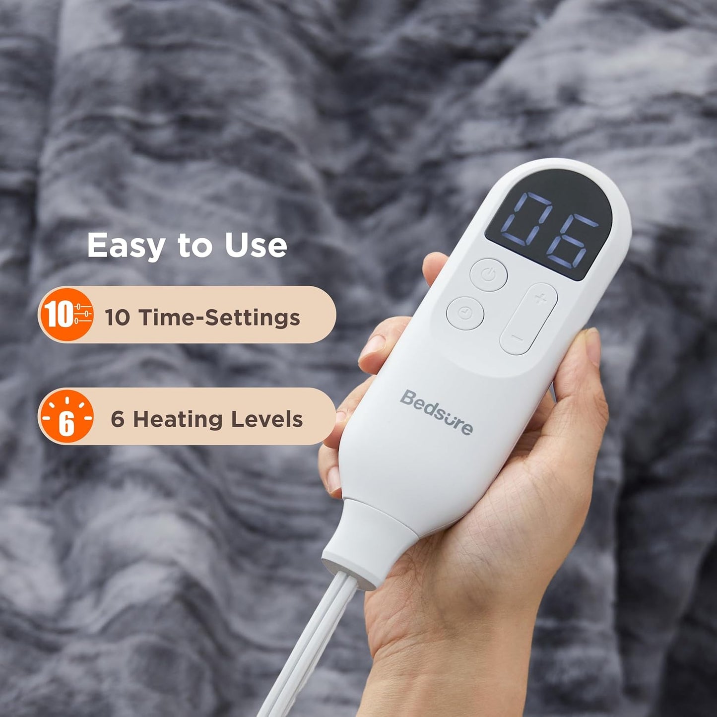 Bedsure Faux Fur Heated Blanket Twin Size, Fast Heating Electric Blanket Twin Size with 6 Heating Levels & 10 Time Settings, Cozy Gifts for Women Men (62x84 inches, Grey)