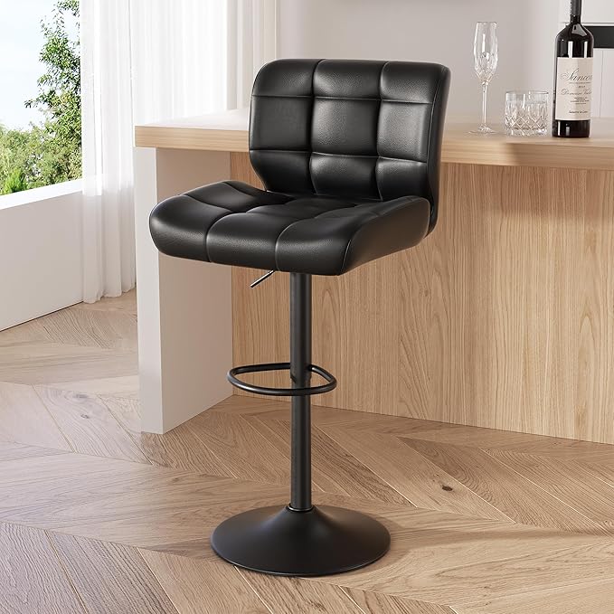 Modern Bar Stools, Faux Leather Upholstered Swivel Bar Stools, Adjustable Counter Height Bar Chairs with High Back and Footrest for Kitchen Island (Black)