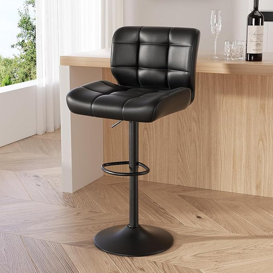 Modern Bar Stools, Faux Leather Upholstered Swivel Bar Stools, Adjustable Counter Height Bar Chairs with High Back and Footrest for Kitchen Island (Black)
