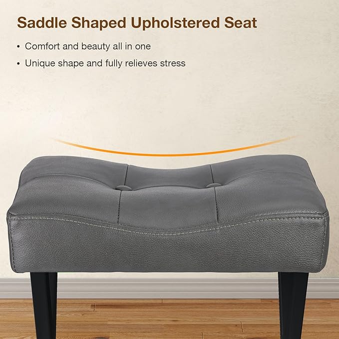 18-Inch Leather Vanity Stool Chair, Vanity Bench with Metal X-Leg, Ottoman Accent Stool with Thick Padded Saddle Seat, Gray