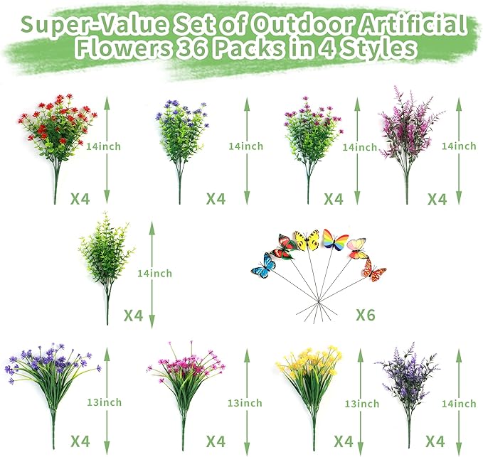 36 Bundles Artificial Flowers for Outdoors UV Resistant, Artificial Flowers Outdoor Decoration, No Fade Faux Fake Flowers Greenery Shrub Plants for Garden Home Front Porch Window Hanging Decor