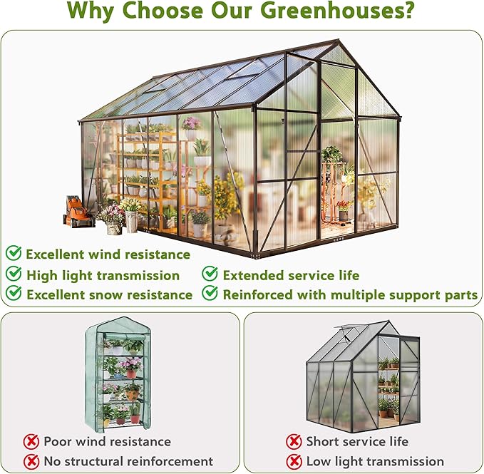 Wanan 8x12FT Greenhouses for Outdoors, Quick Assembly Polycarbonate Green House with UV Protection, Heavy Duty Windproof Aluminum Frame, Adjustable Roof Vent for Backyard or Outdoor Garden Use