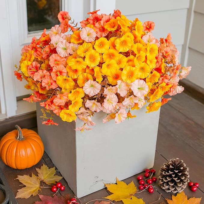 Fake Mums Fall Artificial Flowers Plants for Outdoors Autumn Decoration, 12 Bundles Silk Morning Glory with Eucalyptus Realistic UV Resistant Faux Mums for Outside Planter Yard Garden Home Indoor, Mix