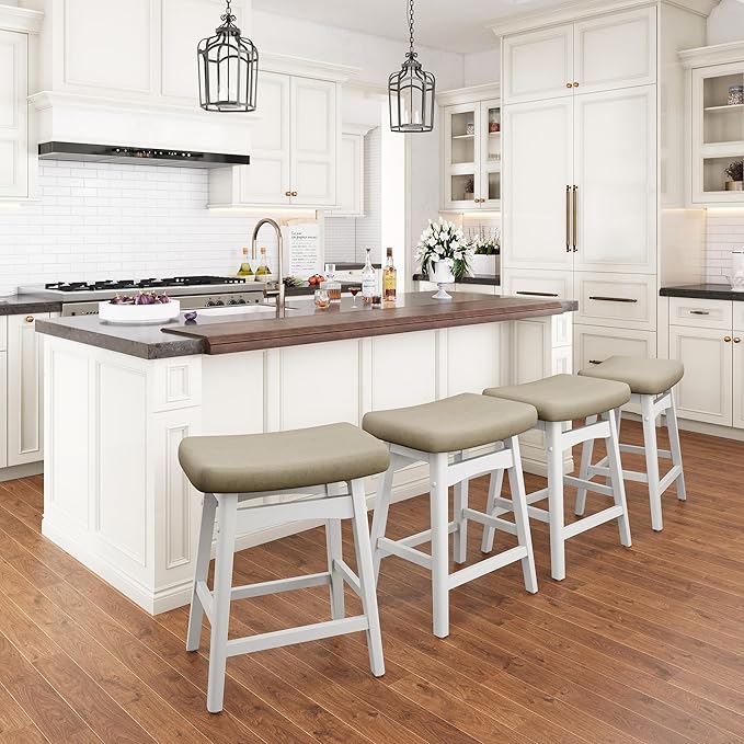 PHI VILLA Bar Stools Set of 4 - Solid Wood Legs Counter Height Barstools with Upholstered Saddle Seat, 24 inch Kitchen Counter Island Stools