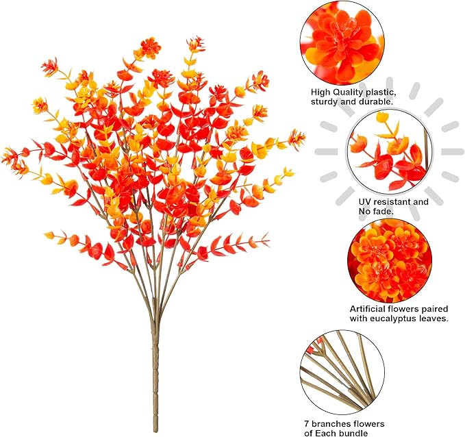 Artificial Faux Fall Mums Flowers Plants for Outdoor Outside, 12 Bundles Fake Autumn Orange Daisy Plastic Shrubs Greenery Realistic UV Resistant for Front Door Porch Patio Balcony Garden Yard Decor