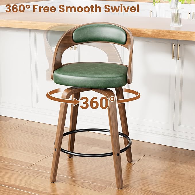 Swivel Bar Stools Set of 3, 26" Upholstered Faux Leather Barstools with Bentwood Legs, Mid Century Modern Counter Height Bar Stools with Back for Kitchen Island, Dining Room, Green