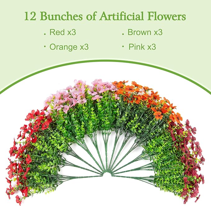 Fall Mums Artificial Flowers for Outdoors Potted, 12 Bundles Fake Fall Daisy Flower with Realistic Eucalyptus Leaves, Fake Plants for Greenery Boxwood Porch Patio Garden Pot Courtyard