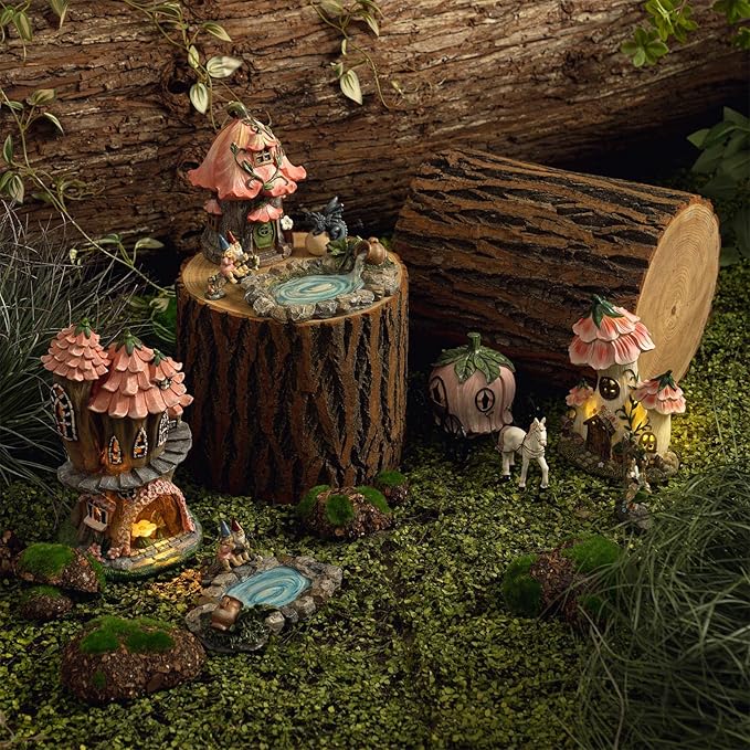 LA Jolie Muse Resin Fairy Garden - Miniature Floral Roof Cottage with Solar LED Lights, Fairy House Figurine Set of 3 with Carriage, Outdoor Decor for Patio Yard Lawn, Gifts for Mom
