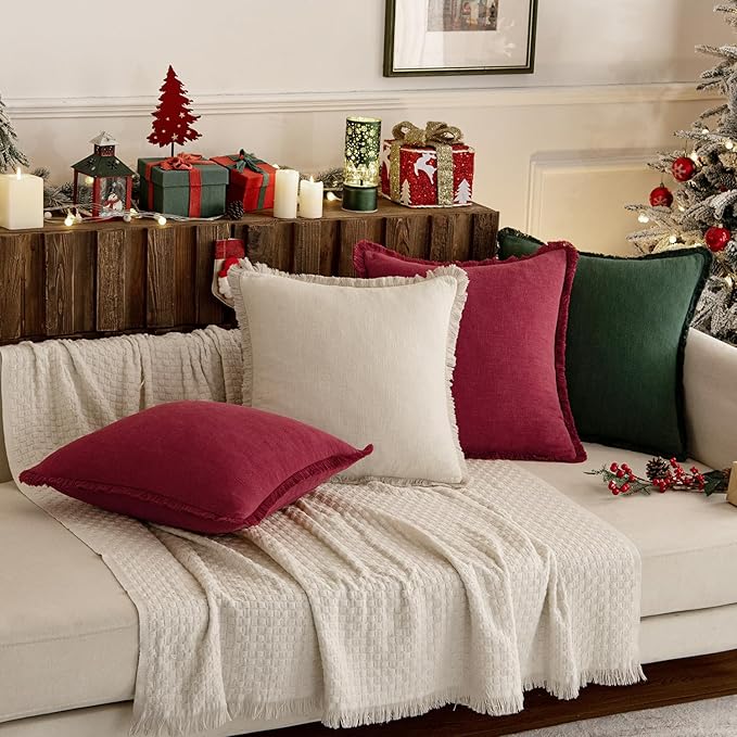 MIULEE Linen Pillow Covers 18x18 Inch Decorative Throw Pillows with Fringe Pack of 4 Soft Farmhouse Boho Couch Pillows Home Decors for Sofa Cushion Living Room Bed Dark Green and Burgundy