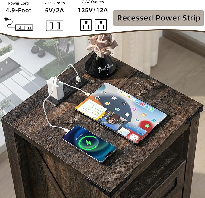 Nightstands Set of 2 with Charging Station, Farmhouse Night Stand with 2 Drawers and Shelf Storage, Wooden Side End Table, Bedside Cabinet for Bedroom, Living Room, Closet,Office (Dark Drey)