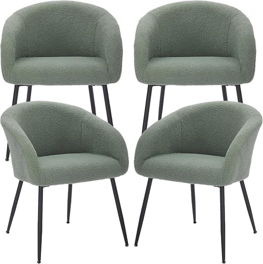 Modern Small Accent Chair Set of 4, Comfy Sherpa Makeup Vanity Chair with Metal Legs, Decorative Dining Chair no Wheels for Living Room, Dressing Room, Bedroom, Green