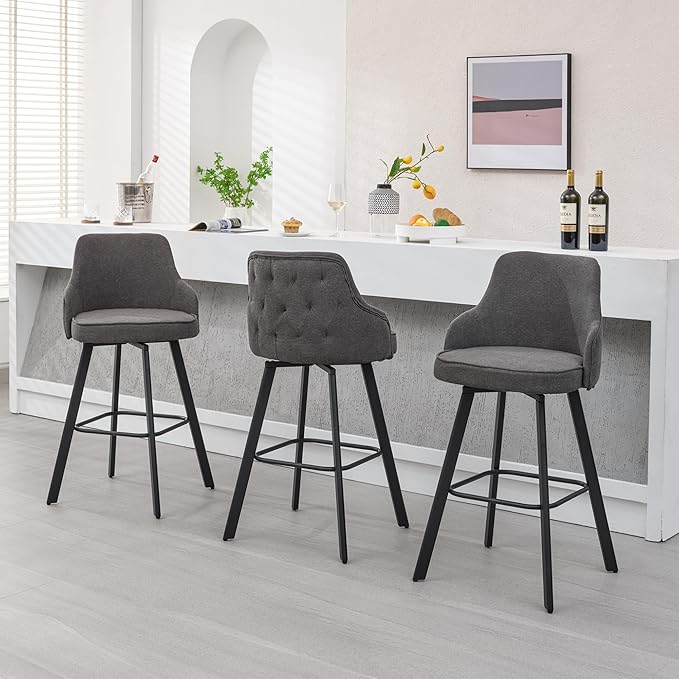 Bar Stools Set of 3, 30" Swivel Bar Height Barstools with High Back, Linen Kitchen Bar Stool Bar Height for Kitchen Island (Dark Grey, 3PCS 30" Bar Stools)