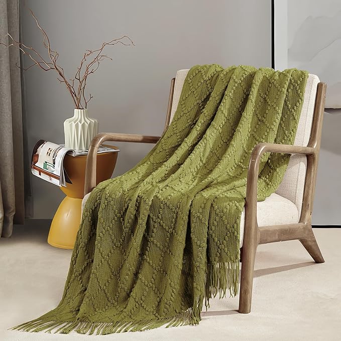 BOURINA Olive Throw Blanket 50 x70 Inches Jacquard Argyle Throw Textured Solid Soft Throws and Blankets for Sofa or Bed Knitted Decorative Blanket