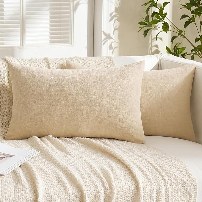MIULEE Beige Couch Pillow Covers 12x20 Inch, Set of 2 Soft Chenille Decorative Lumbar Throw Pillow Covers Farmhouse for Sofa Living Room Bed
