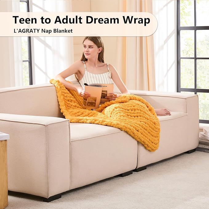 L'AGRATY Chunky Knit Blanket Throw - Soft Chunky Throw Blanket 30x40: 100% Hand Kintted Chenile Crochet Throw Blanket for Couch - Large Cable Knit Chunky Blanket for Home Decor(Mustard Yellow)