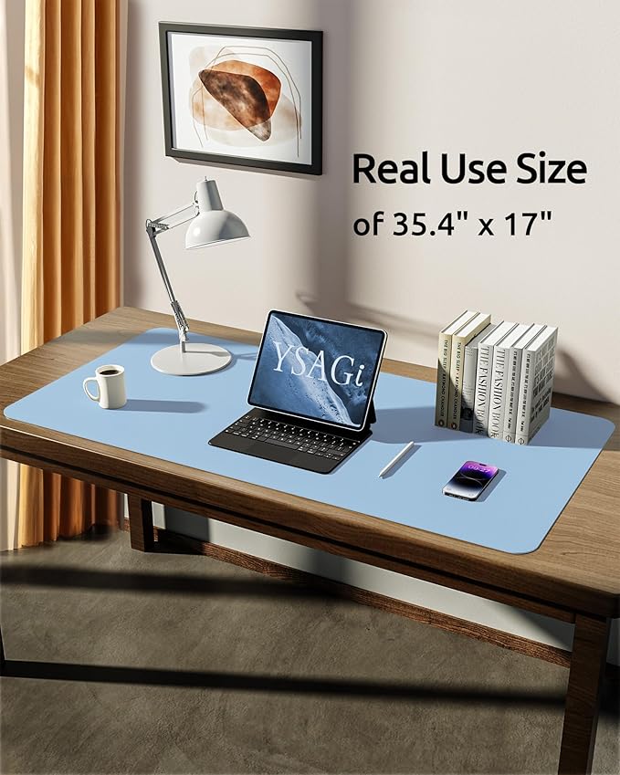 YSAGi Leather Desk Protector, Office Mat, Large Mouse Mat, Non-Slip PU Leather Blotter, Laptop Pad, Waterproof Writing Pad for Office and Home (Baby Blue, 35.4" x 17")